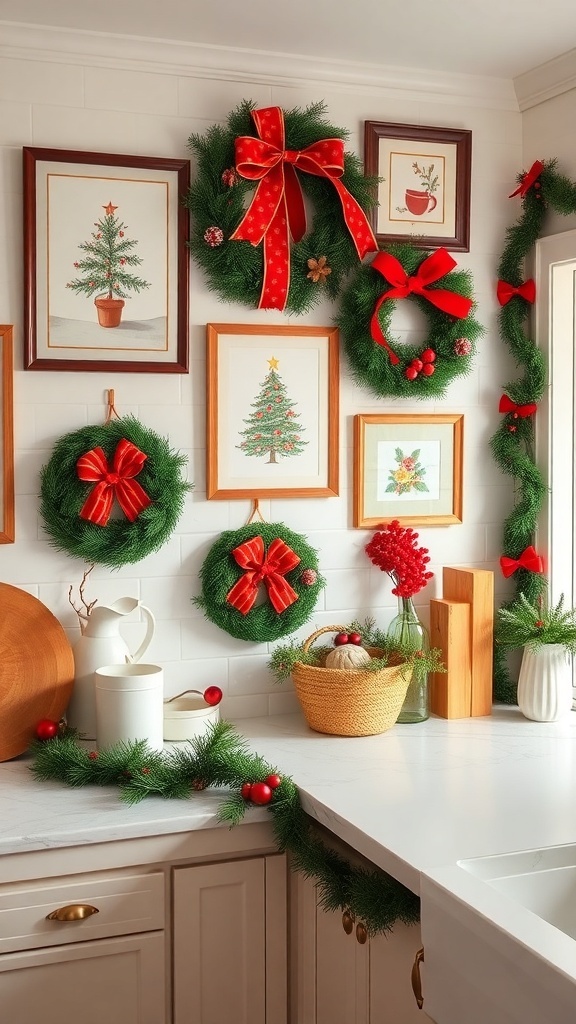 A festive kitchen wall decorated with wreaths, holiday signs, and cheerful artwork.