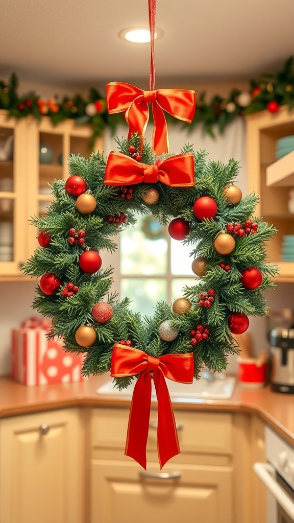 A festive wreath with red and gold ornaments hanging in a kitchen.