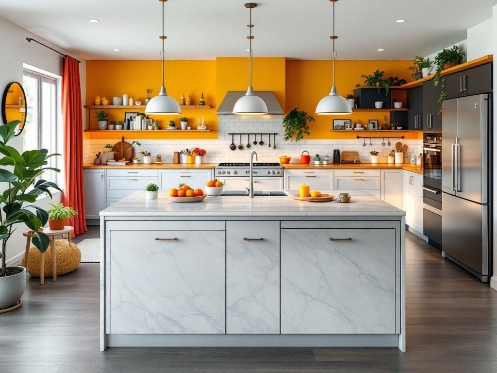 A modern chef's kitchen featuring a marble island, yellow walls, and dark cabinetry.