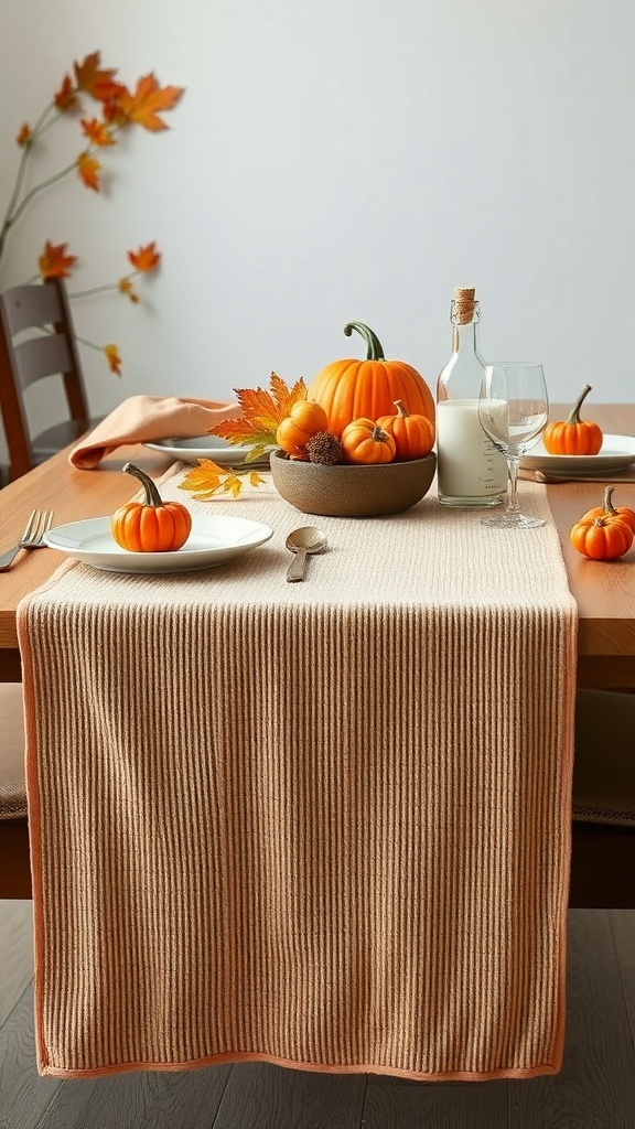 A cozy chenille textured table runner on a Thanksgiving table with pumpkins and autumn leaves.