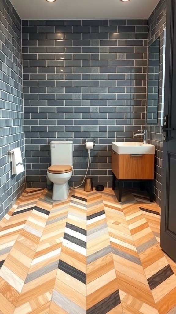 A bathroom featuring chevron tile patterns on the floor with blue wall tiles.