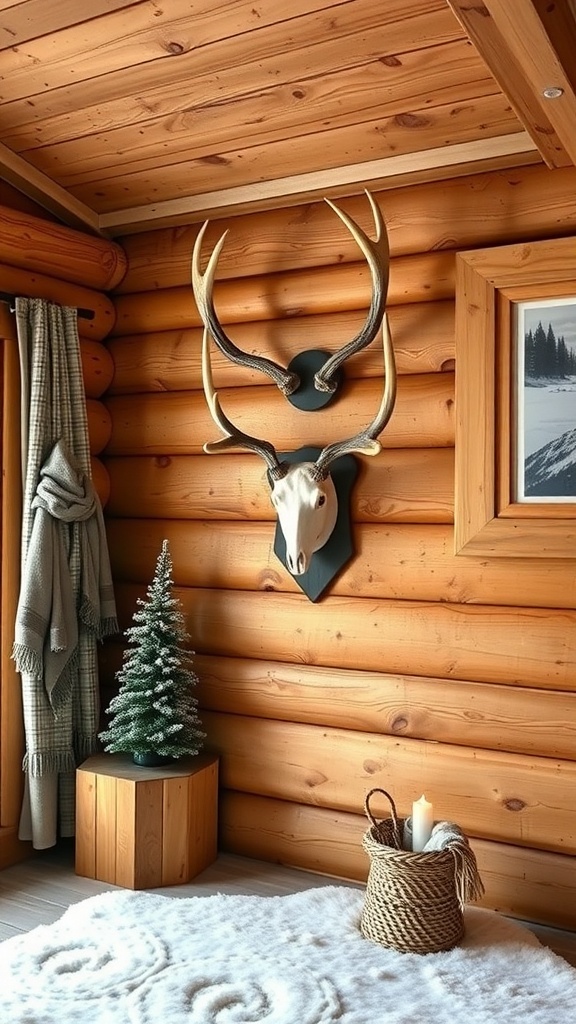 Interior of a winter cabin featuring antler decor, wooden walls, and cozy elements.