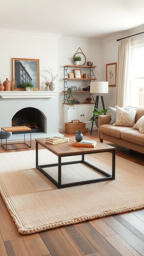 Cozy cottage living room with a chic area rug, sofa, and coffee table.