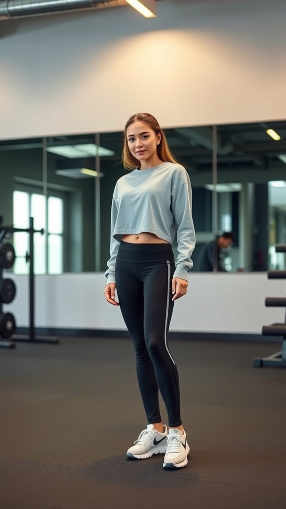 A woman in a light blue cropped sweatshirt and black leggings stands in a gym setting, showcasing a chic athleisure look.