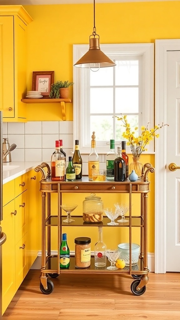 A stylish bar cart in a yellow farmhouse kitchen, featuring various bottles and glassware.