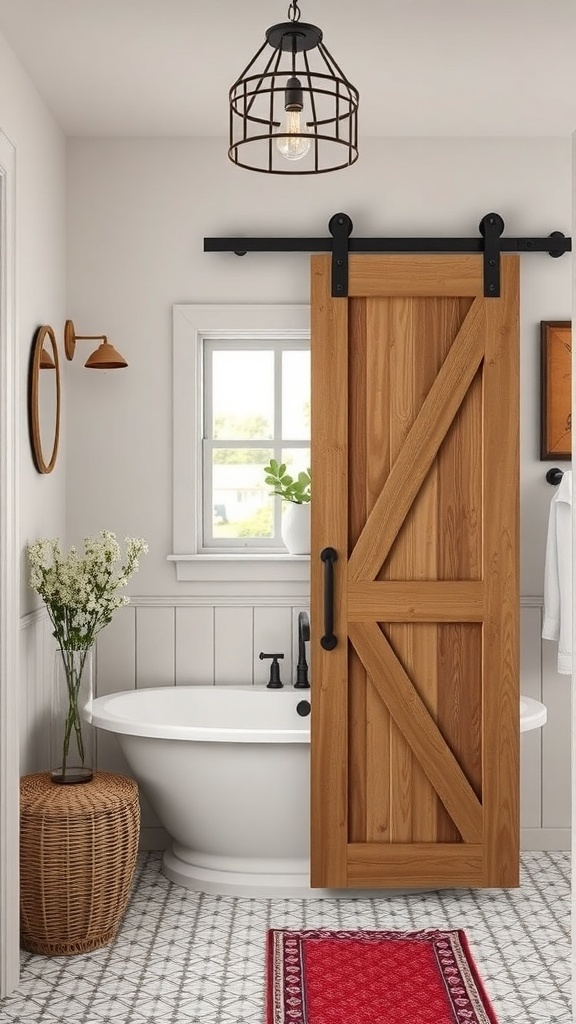 A modern farmhouse master bath featuring a chic barn door accent.