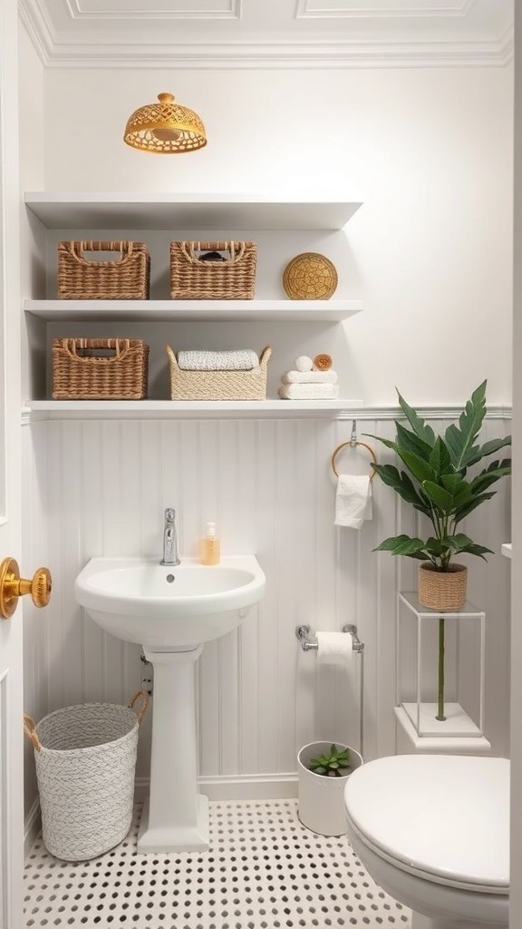 A chic bathroom with white walls, shelves holding woven baskets, and a small plant.