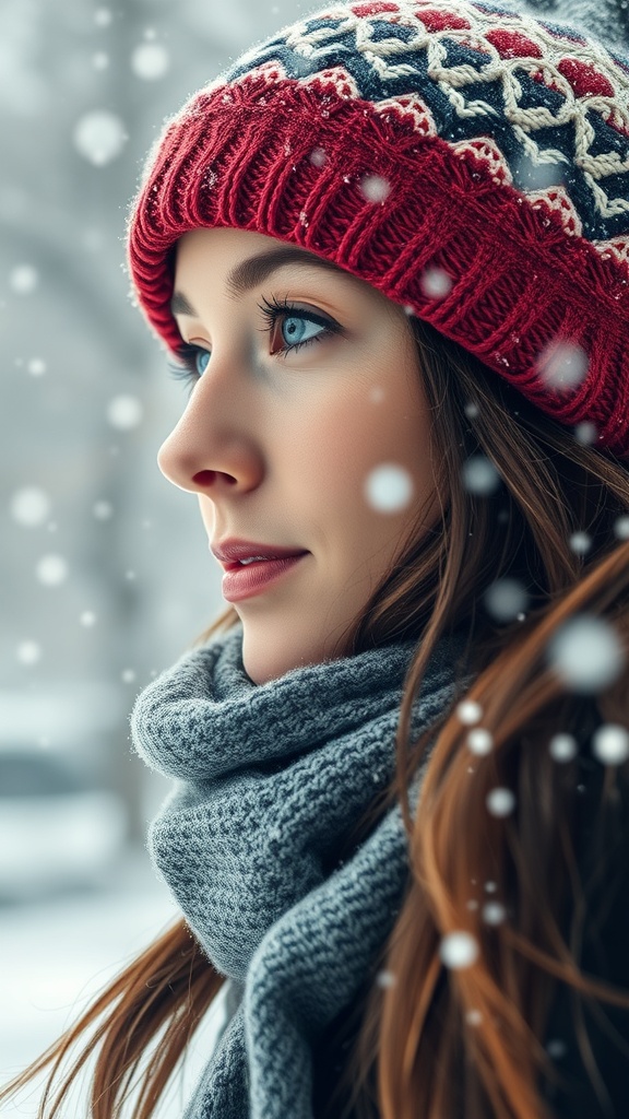A woman wearing a red patterned beanie and gray scarf in a snowy setting.
