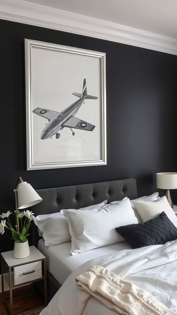A stylish bedroom featuring a black accent wall with a framed airplane artwork, a gray upholstered headboard, and elegant bedding.