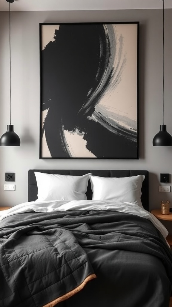 A stylish black and cream abstract wall art above a neatly made bed with white pillows and a dark blanket.