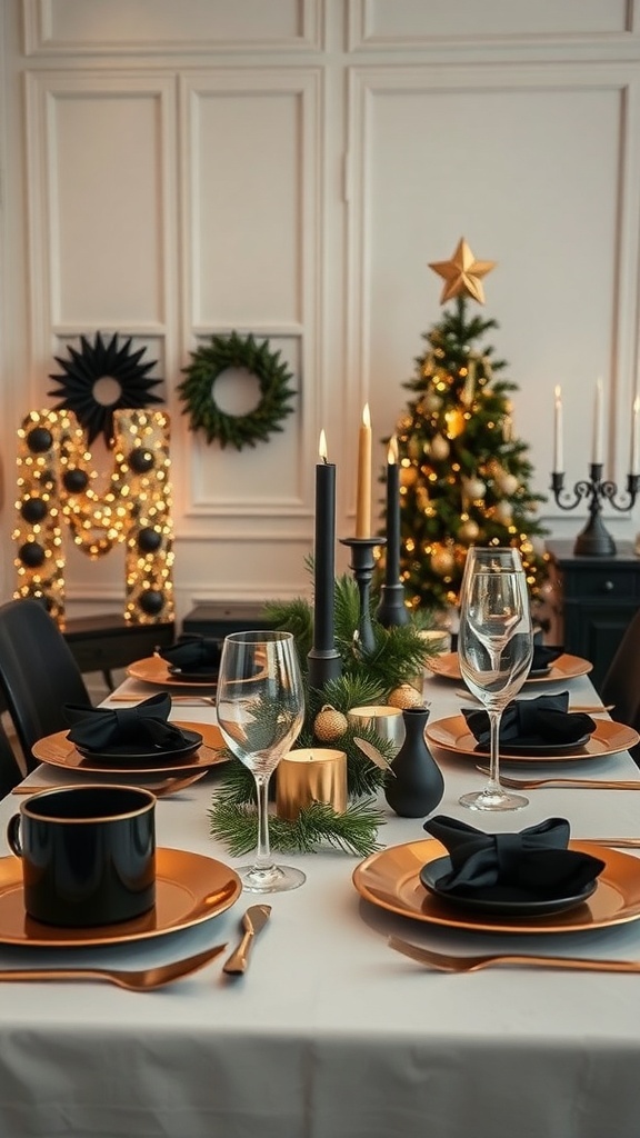 A beautifully set Christmas table featuring black and gold decor, with elegant plates, glasses, and festive decorations.