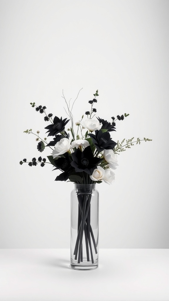 A stylish black and white floral centerpiece in a clear vase.