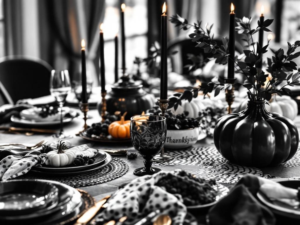 A stylish black and white Thanksgiving table setting with candles, pumpkins, and elegant dinnerware.