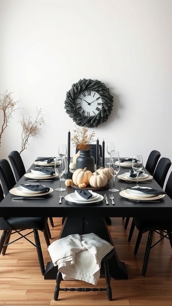 A chic black and white Thanksgiving table setting with pumpkins and elegant dinnerware.