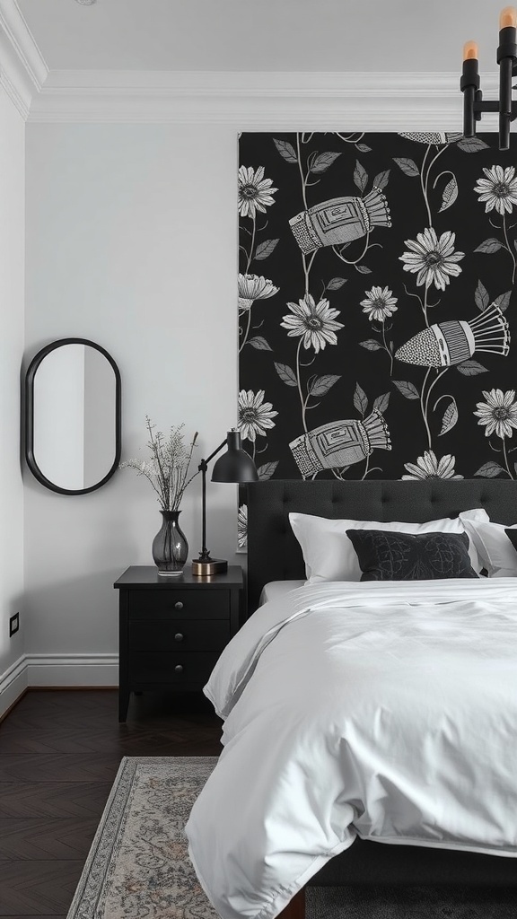 Chic black and white floral wallpaper in a modern bedroom setting.