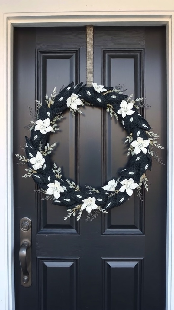 A chic black and white wreath with white flowers on a dark front door.