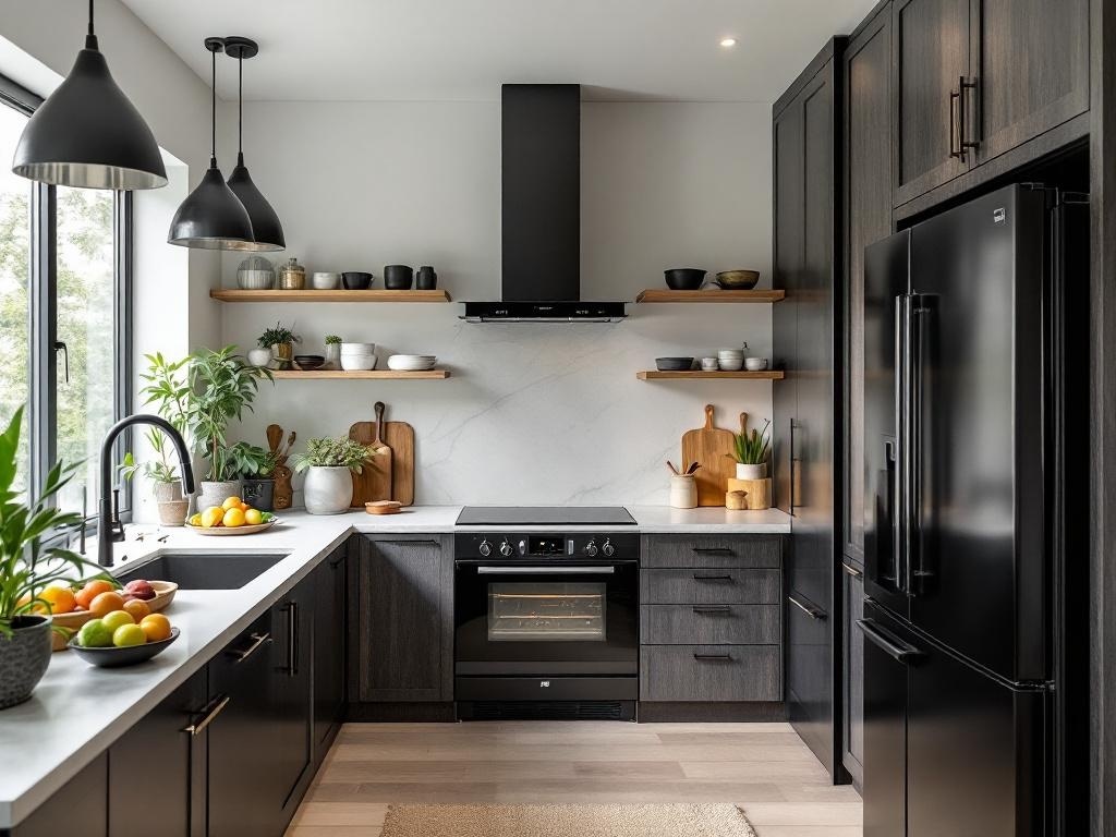 Modern kitchen featuring black appliances, dark cabinetry, and light countertops