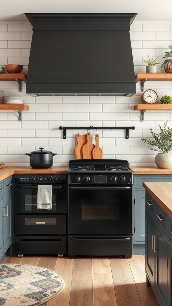 A black farmhouse kitchen featuring black appliances, wooden shelves, and a cozy atmosphere.