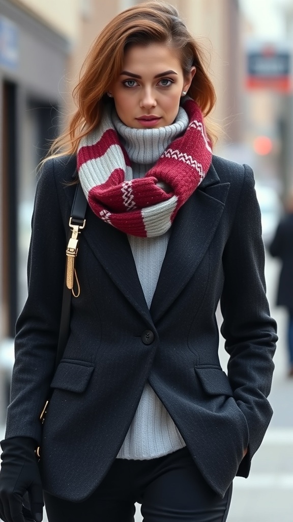 A woman wearing a black blazer over a gray turtleneck and a patterned scarf, looking stylish in winter attire.
