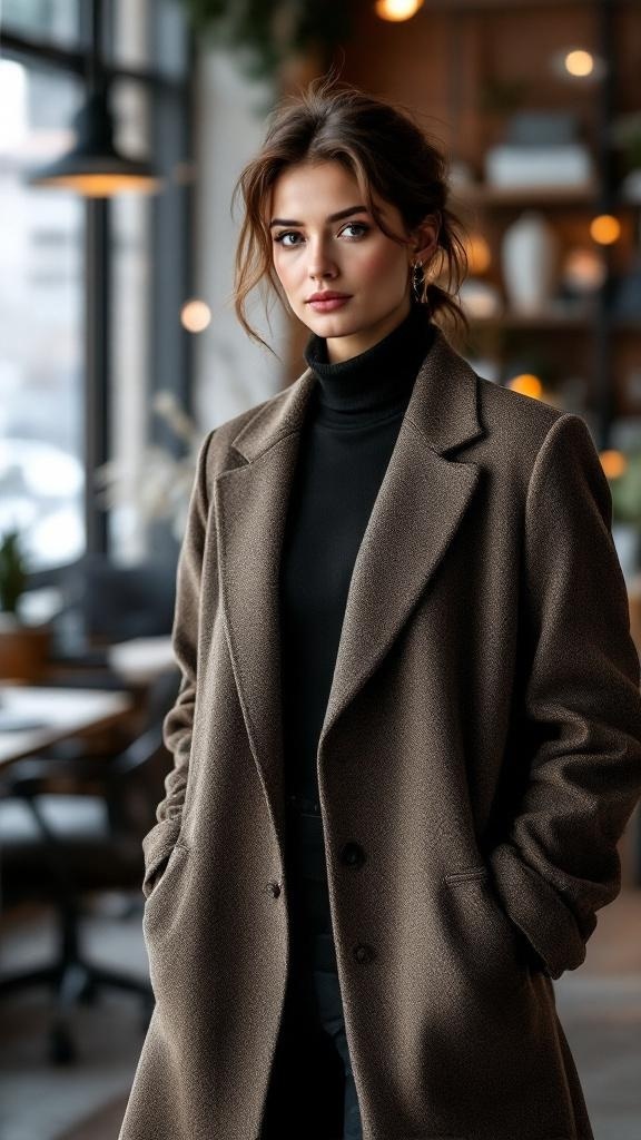 A woman wearing a brown blazer over a black turtleneck in a cozy cafe setting.
