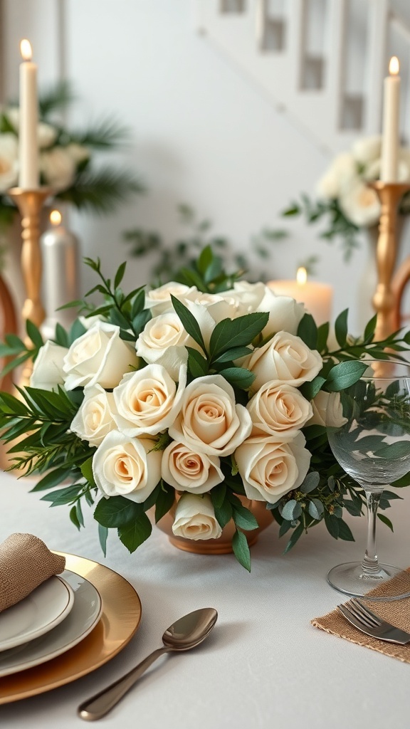 Elegant Thanksgiving table setting with creamy roses centerpiece and golden accents.