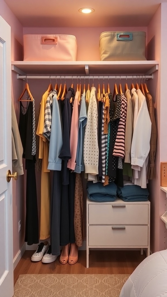 A chic closet with neatly organized clothes, stylish storage bins, and a white dresser.