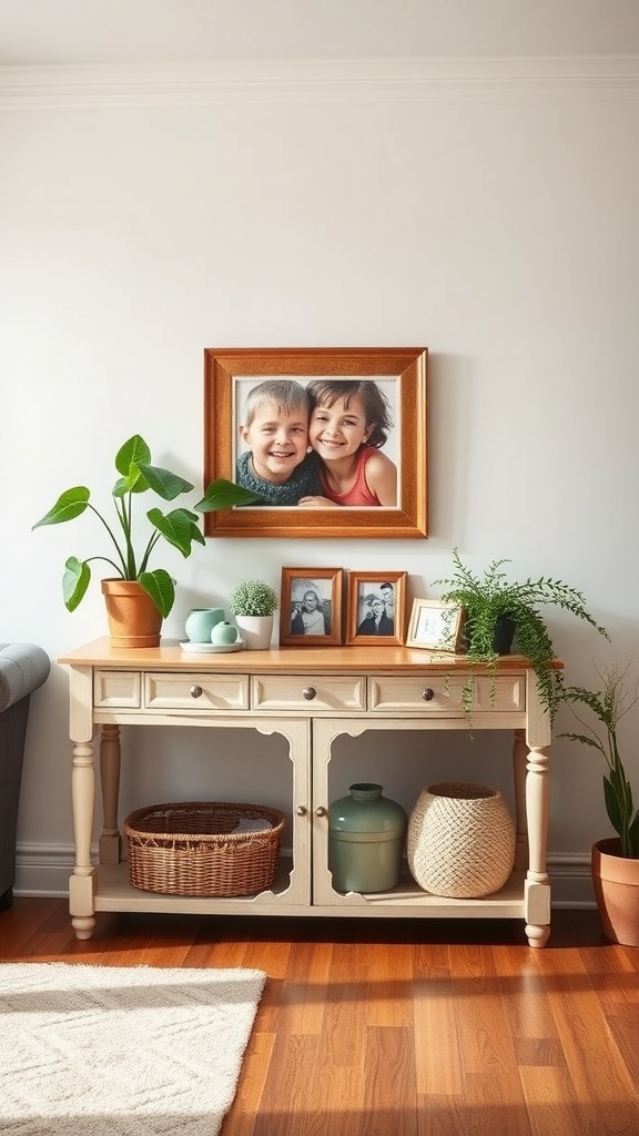 A chic console table in a farmhouse living room with plants and family photos.