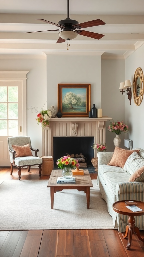 A cozy vintage cottage living room with a fireplace, floral arrangements, and comfortable seating.