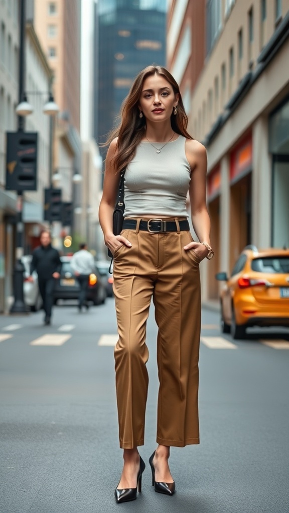 A woman wearing a fitted tank top and brown culottes stands confidently on a city street.