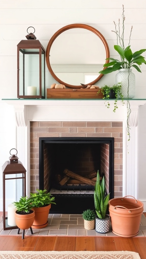 A modern farmhouse fireplace with lanterns and potted plants