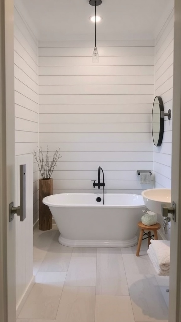 A chic farmhouse bathroom featuring a freestanding tub, shiplap walls, and modern fixtures.
