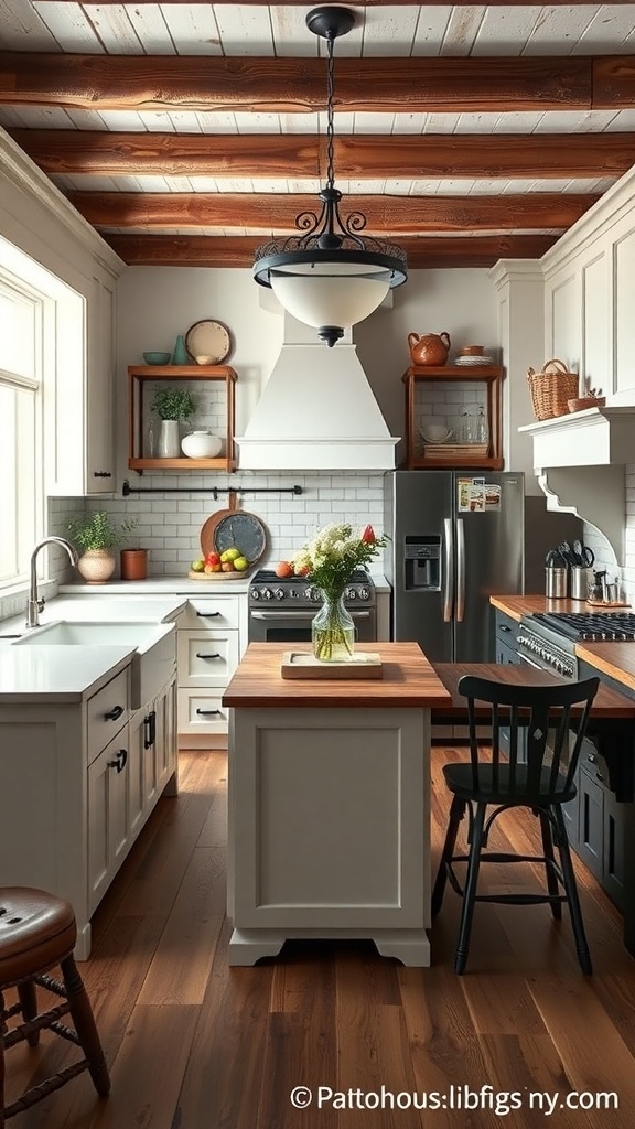A modern farmhouse kitchen featuring wooden beams, a central island, and stylish appliances.