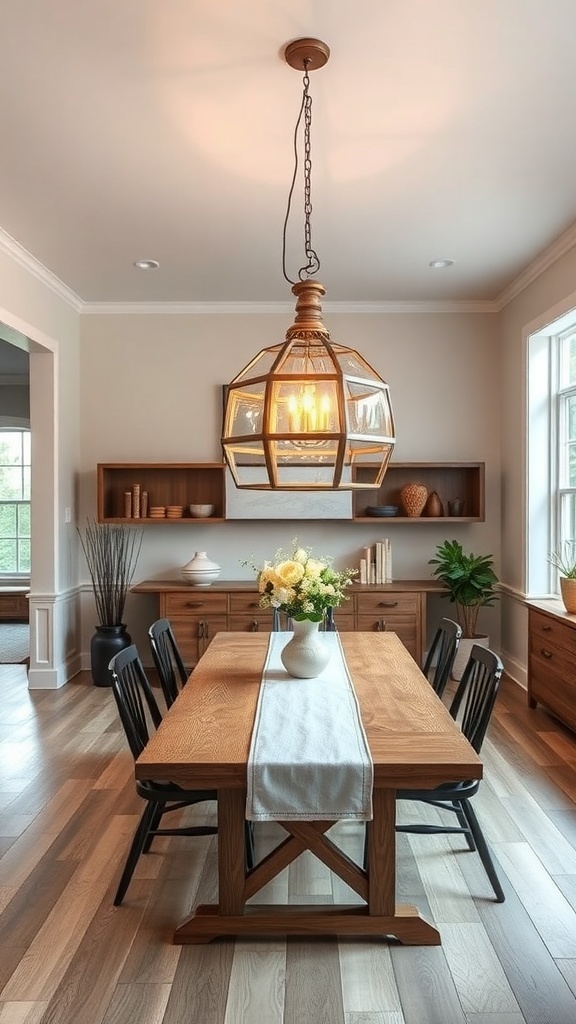 A modern farmhouse dining area featuring a wooden table, black chairs, and a stylish pendant light.