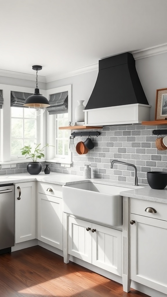 A black and white farmhouse kitchen featuring a large farmhouse sink, modern appliances, and stylish decor.