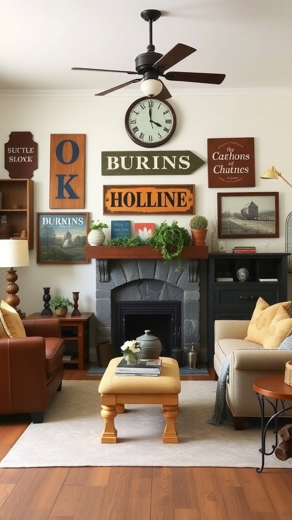 A cozy vintage farmhouse living room with wall decor featuring various signs and a clock.