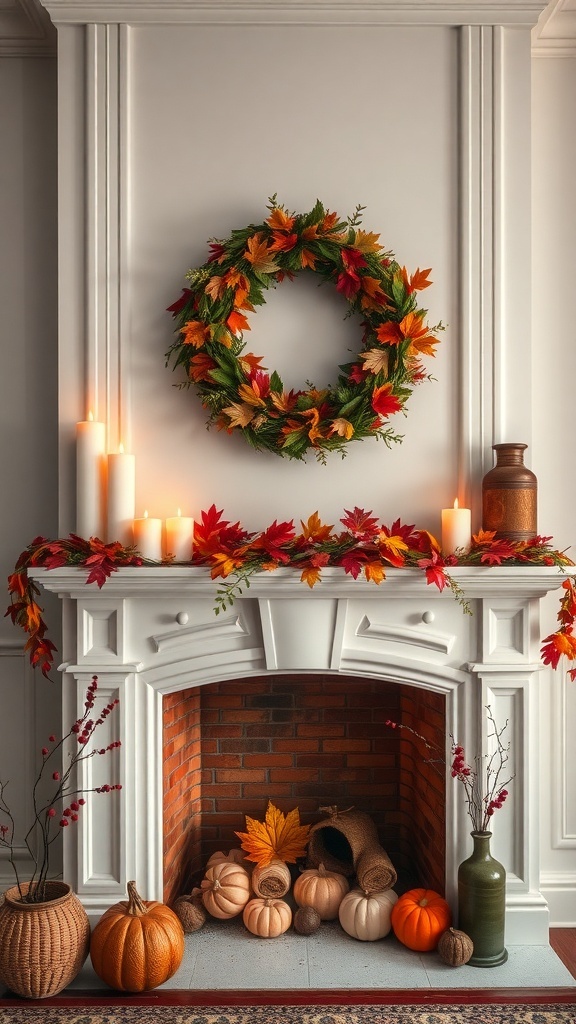 A chic fireplace mantel decorated with a colorful leaf wreath, candles, and pumpkins for fall.