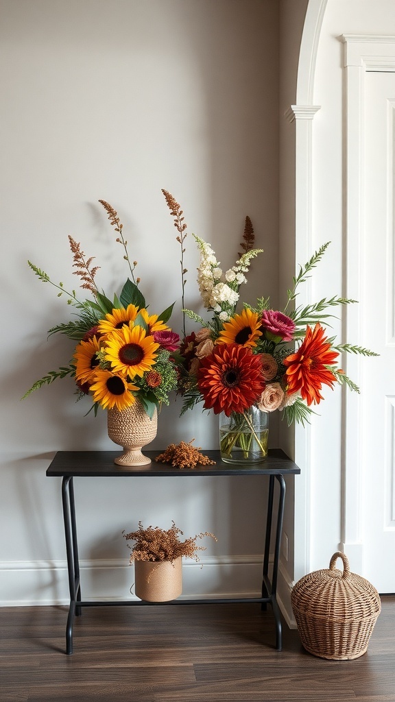 Chic floral arrangements featuring sunflowers and red flowers on a black entry table