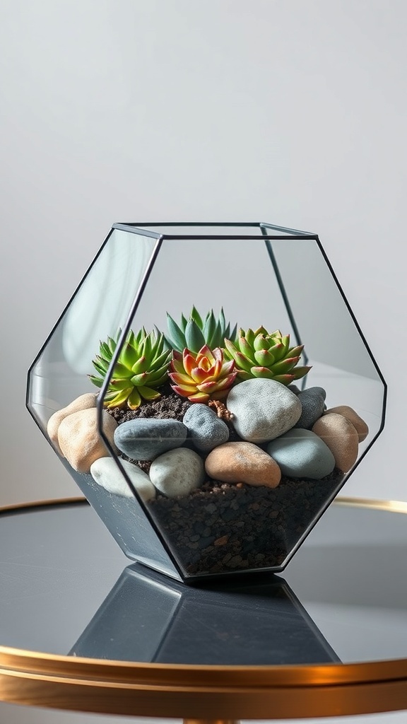 A geometric terrarium filled with succulents and stones on a table.