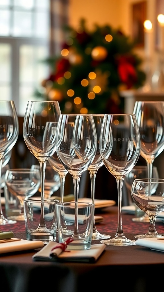 A beautifully arranged Thanksgiving table with various glassware, including wine glasses and tumblers, set against a festive backdrop.