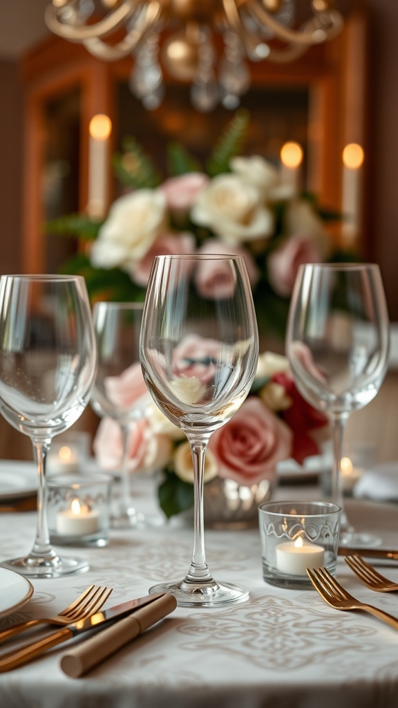 Elegant Thanksgiving table setting with chic glassware and floral centerpiece