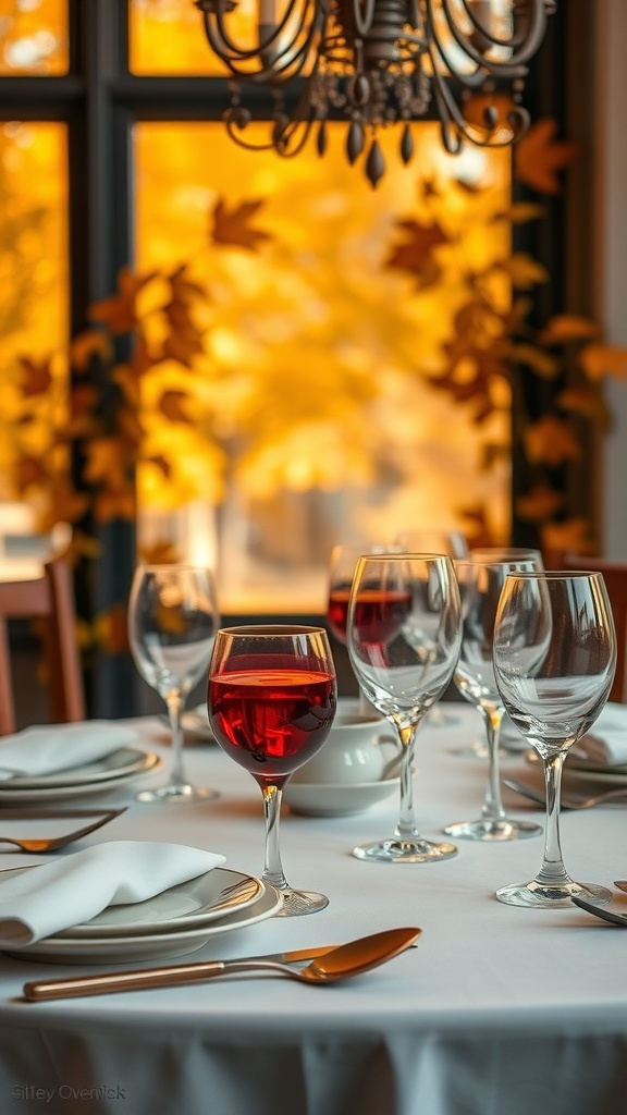 A dining table set for autumn with elegant glassware and a warm background