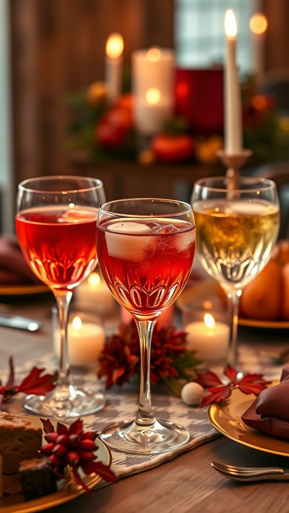 A beautifully arranged Thanksgiving table with chic glassware featuring vibrant drinks, candles, and festive decor.