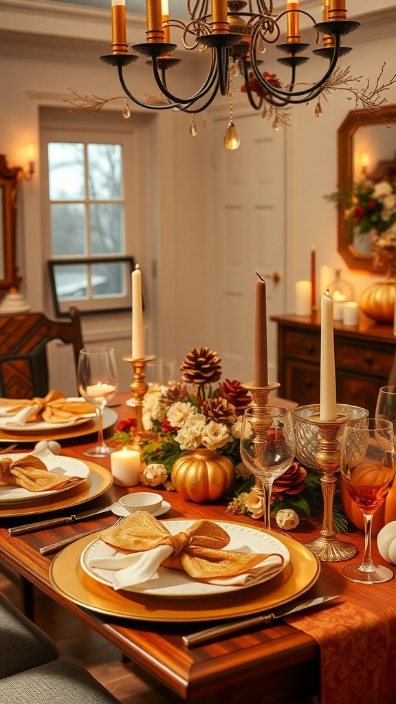 Thanksgiving table decor featuring gold accents, elegant plates, candles, and a floral centerpiece.