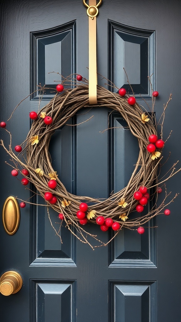 Chic grapevine wreath with red berries and golden leaves hanging on a dark blue door.