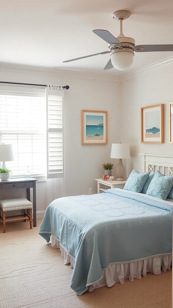 A chic guest room featuring a light blue bedspread, coastal artwork, and natural light.