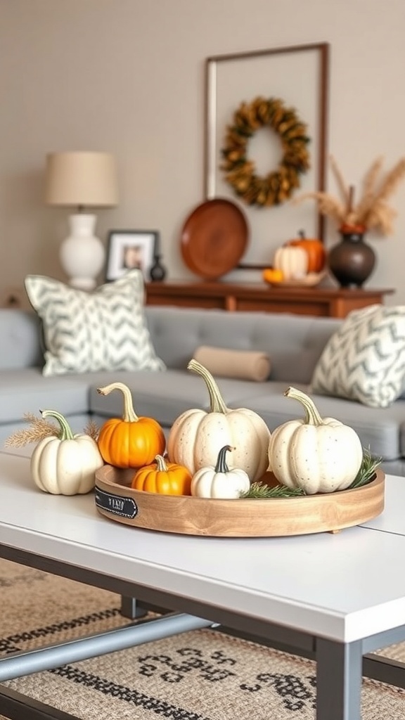 A cozy living room with a coffee table centerpiece featuring assorted pumpkins in a wooden tray, surrounded by decorative pillows and a wreath on the wall.