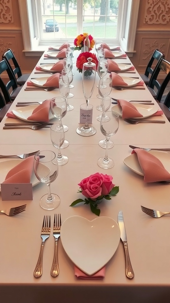 A beautifully set table with heart-shaped plates, pink napkins, and floral centerpieces.