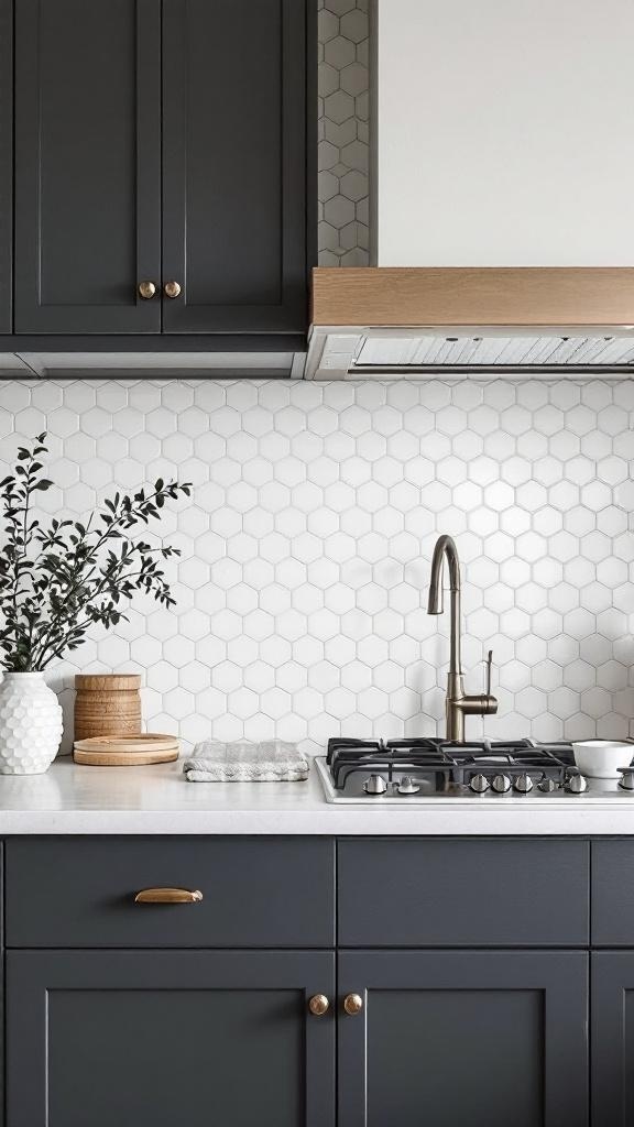 A modern kitchen with a white hexagonal tile backsplash, dark cabinetry, and brass fixtures.