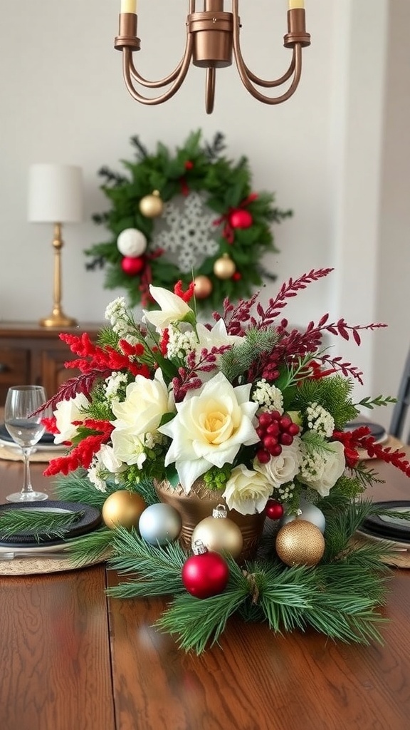 A beautiful holiday centerpiece featuring white roses, red accents, and colorful ornaments on a wooden table.