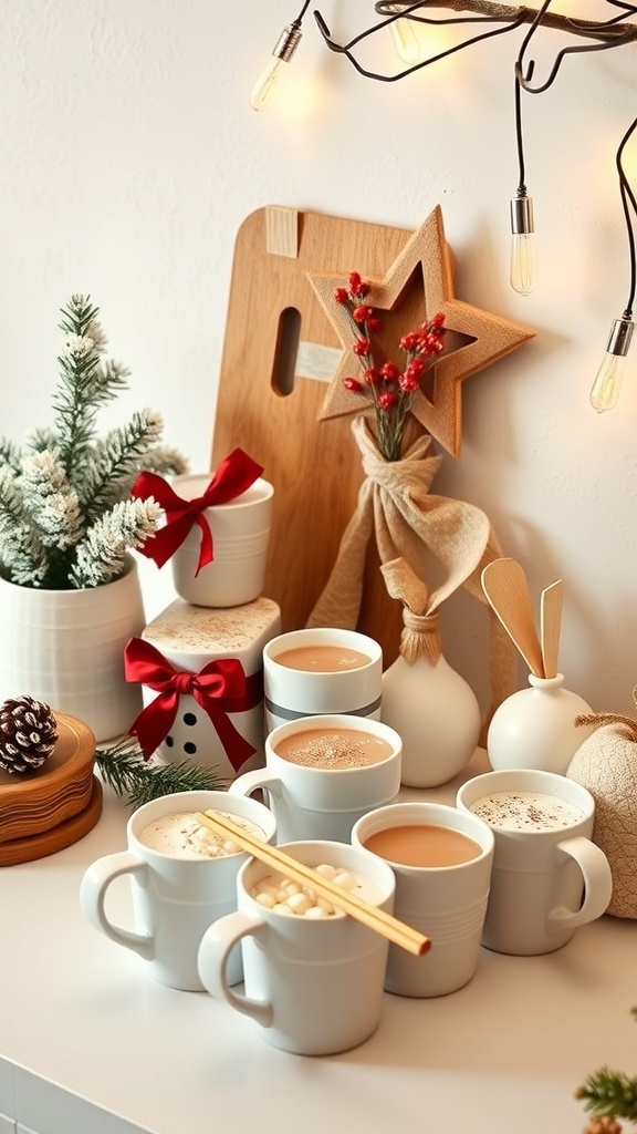 A cozy hot cocoa station with mugs, toppings, and winter decorations.